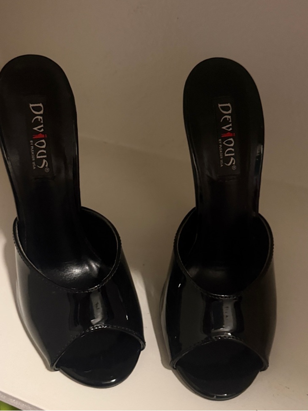 Pleaser Black Patent Peep Toe Mules